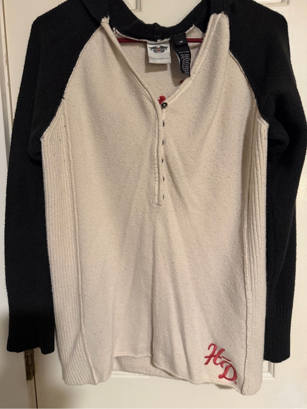 Harley-Davidson Cream and Black Henley Sweater with Red HD Script
